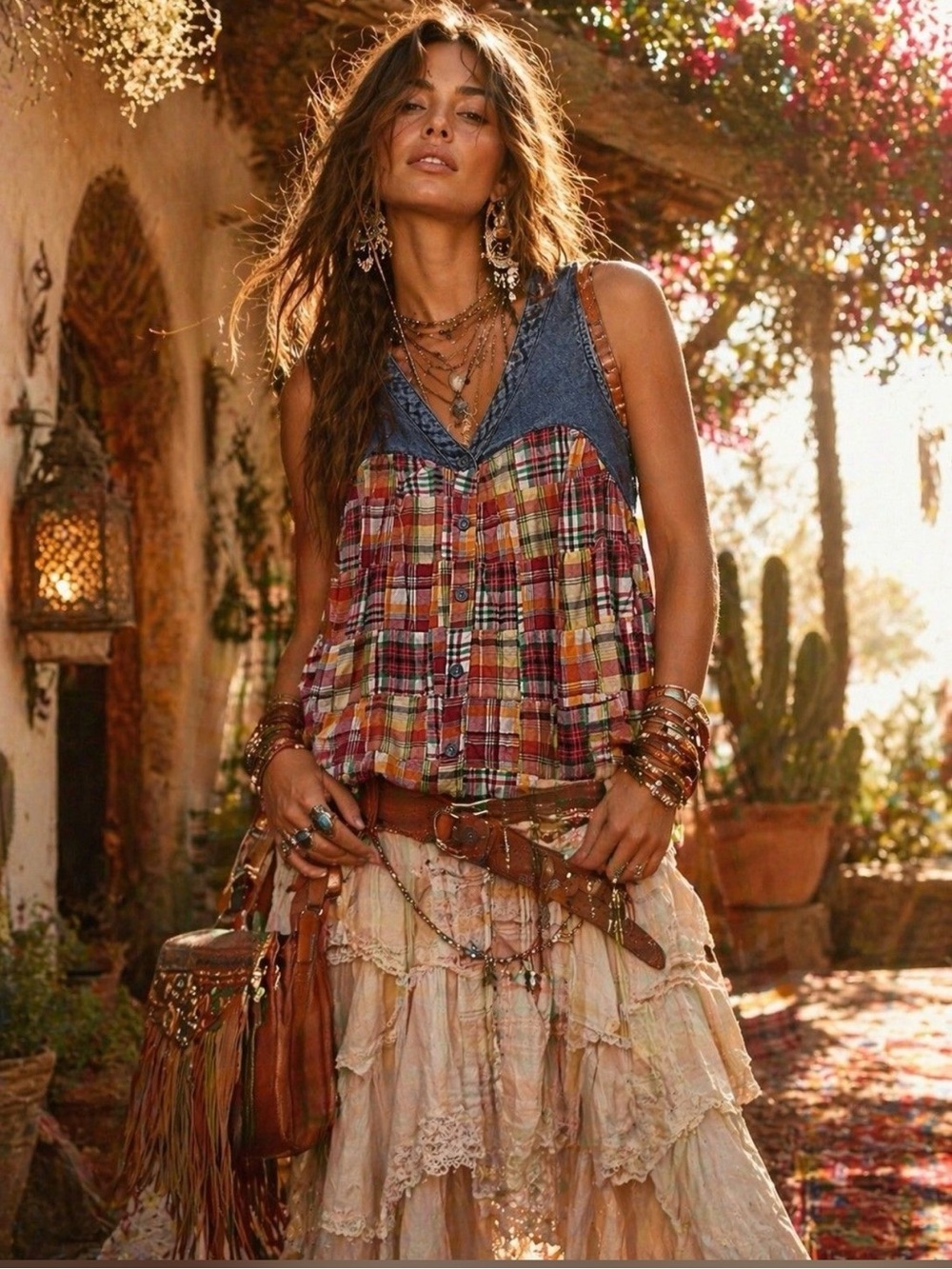 NWT Young Threads Boho Plaid Button Front Tank Top